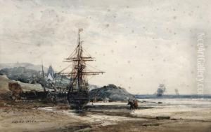 Scene De Port A Maree Basse Dans Le Golfe Du Morbihan by Jules Noel