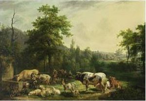 A Wooded Landscape With Shepherds Watering Their Herd Near A Well by Peter Paul Joseph Noel