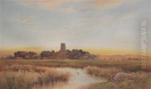 Landscape At Sunset With Church And Cattle by Thomas Noelsmith