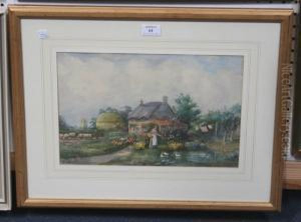 Lady Feeding Ducks Outside A Thatched Cottage - view 1