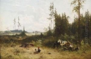 Idyllic Scene Withlumberjacks At The Border Of A Wood.