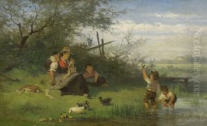 Mutter Mit Kinder Am Seeufer by Julius Noerr