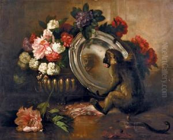 Le Singe Se Mirant Dans Un Plat D'argent Devant Une Jardiniere En Fleurs - view 1