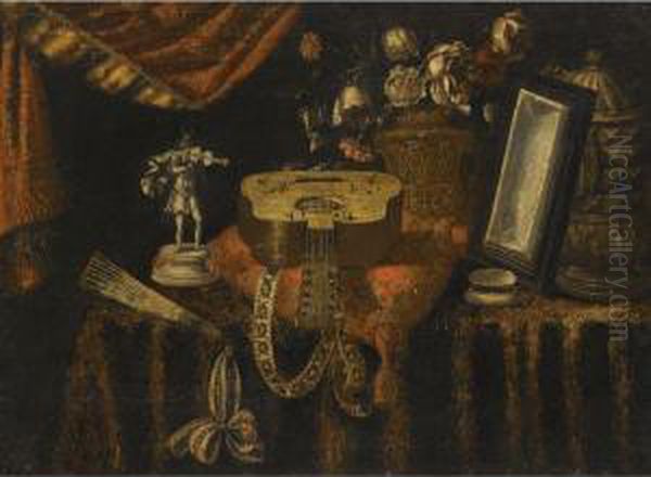 A Still Life With A Guitar, A Fan, A Statuette Of A Violinist, Asnuff Box, A Mirror And Flowers, All On A Draped Table - view 1