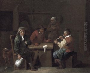An Interior Of An Inn With Peasants Smoking And Drinking by Jan Baptist Nollekens