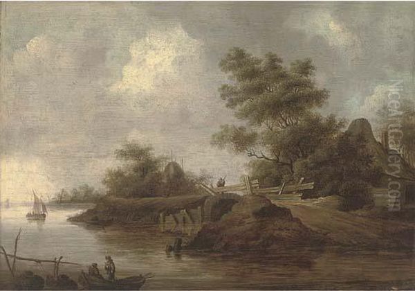 A River Landscape With Figures In A Boat And A Traveller On A Bridge - view 1