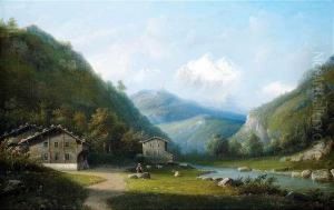 Mountainous River Landscape With View Of Mont Blanc by Jacobus Hendricus J. Nooteboom