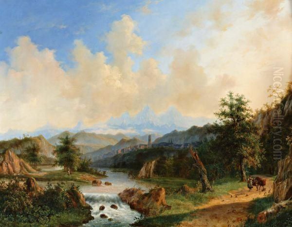 Riviervallei In Weids Heuvellandschap; Op De Voorgrond Een Boerin Met Pakezel - view 1