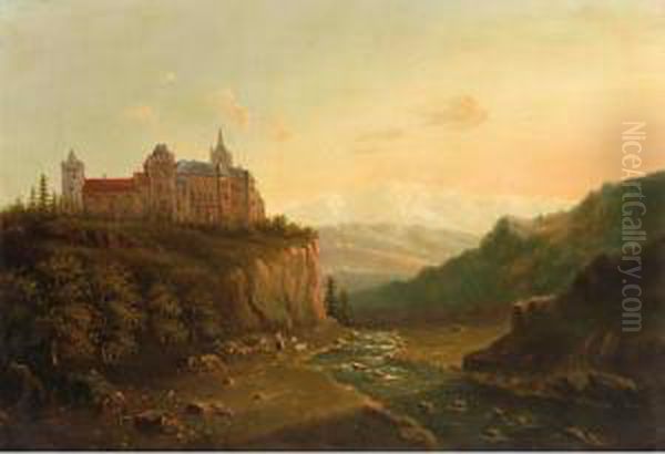 Mountainous Landscape With A Castle On A Hill Top And A Goatherd Near A River - view 1