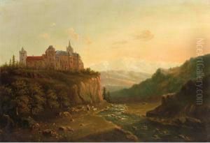 Mountainous Landscape With A Castle On A Hill Top And A Goatherd Near A River