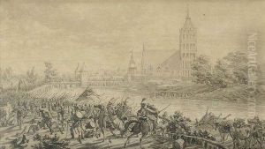 soldats De La Grande Armee Et Civils A L'entree De La Ville De Torun, En Pologne by Sebastien-Louis-Guillaume Norblin De La Gourdaine