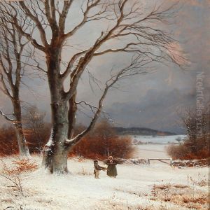 Mother And Son Gathering Firewood In A Snow Covered Landscape by Nordahl Peter Frederik Grove
