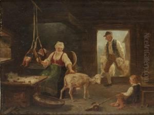 Allmogeinterior Med Kvinna Som Klipper Far by Bengt Nordenberg