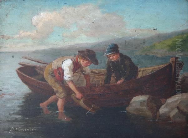 Two Young Boys With Rowboat By Waters Edge - view 1