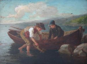 Two Young Boys With Rowboat By Waters Edge by Bengt Nordenberg