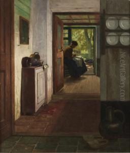 Interior Med Handarbetande Kvinna by Henrik Nordenberg