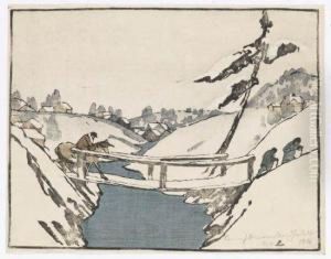 Three Travelers Crossing A Bridge In The Snow by Bror Julius Olsson Nordfeldt