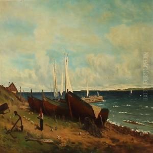 Coastal Scene With Boats At The Beach by Axel Wilhelm Nordgren