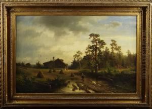 Landskap Med Hus Och Barn by Axel Wilhelm Nordgren