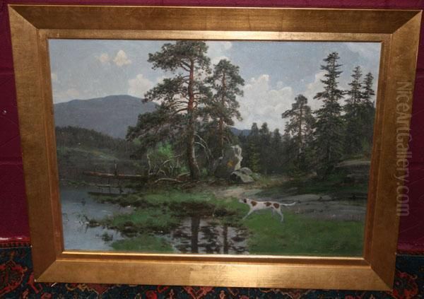 Hunting Dog Beside Ariver With Hills Beyond - view 1
