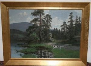 Hunting Dog Beside A River With Hillsbeyond by Olaf Nordlien