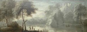 Norrie Figures On A Lake And Walking Beneath Trees, In A Cappriccio Landscape