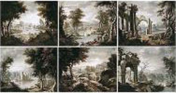 Picturesque River Landscapes With Classical Buildings And Ruins - view 1