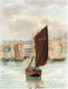 Barns By A Canal; Sailing Boat Leaving Harbour by Philip Norman