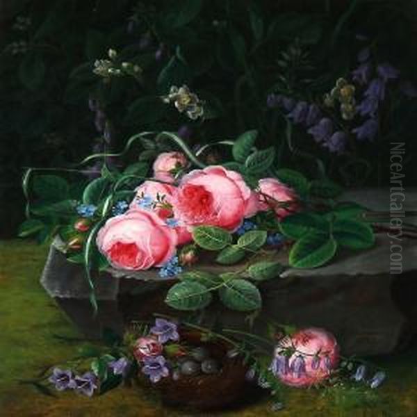 A Bunch Of Pink Roses And Forget-me-nots On A Stone In Theforest Floor - view 1