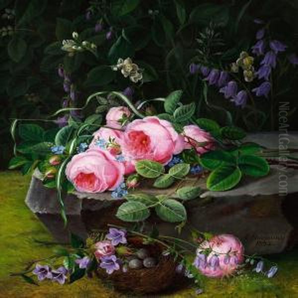 A Bunch Of Pink Roses And Forget-me-nots On A Stone In The Forest Floor - view 1