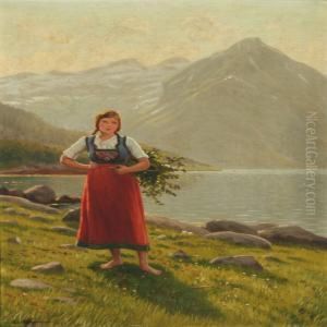 Norwegian Landscape With A Young Woman by Emma Pastor Normann