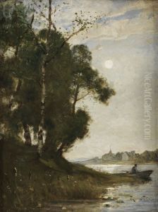 Manskenslandskap Med Fiskare I En Bat Intill En Strand; I Bakgrunden En By by Reinhold Norstedt