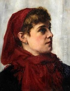 A Lady Wearing A Red Headscarf by John William North
