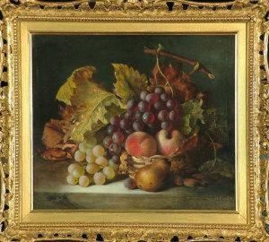 A Still-life Study Of Grapes, Plums And A Pear In A Wicker Basket