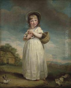 Portrait Of Harriet Bailey Foster, Later Mrs Charles Kennett (c.1784-1851), As A Child, Full-length, In A White Dress And Bonnet,holding A Basket And A Chick, In A Rural Landscape by James Northcote