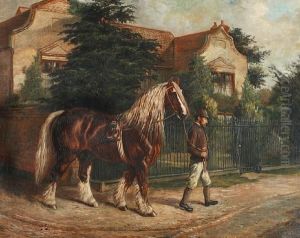 Groom Leading A Chestnut Dray Horse Before A House