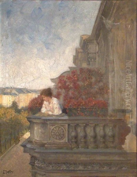 Sommerliche Grosstadt Mit Dame, Von Ihrem Balkon Blickend - view 1
