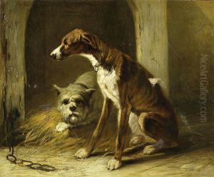 Two Dogs In Front Of A Dog House Two Dogs In Front Of A Dog House