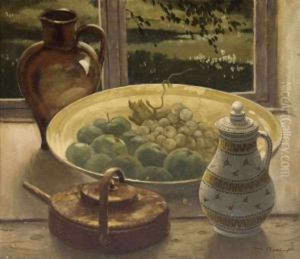 Stilleben Mit Einer Schale Voller Obst, Zwei Kannen Und Krug - view 1