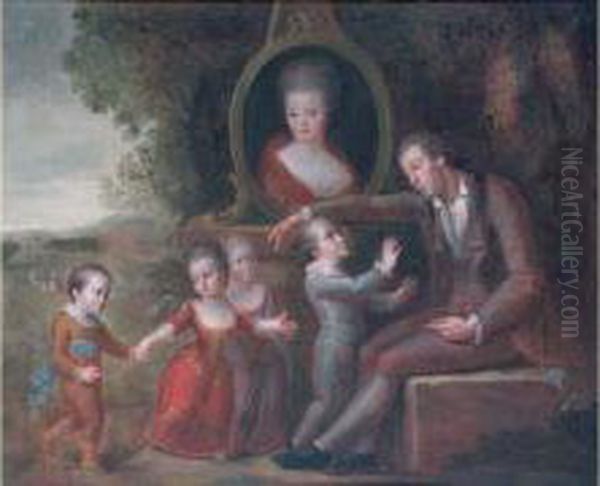 Le Pere De Famille Et Ses Quatre Enfants Sous Le Portrait De La Mere. - view 1