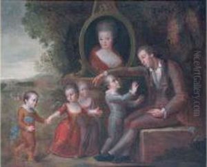 Le Pere De Famille Et Ses Quatre Enfants Sous Le Portrait De La Mere.