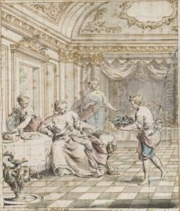 Scene D'interieur Avec Une Femme Entouree De Serviteurs by Pietro Antonio Novelli
