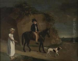 Portrait Of A Boy On A Pony And A Girl In A White Dress On Apath