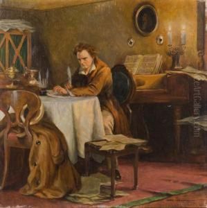 Gentleman At Desk Writing A Musical Composition By Candlelight