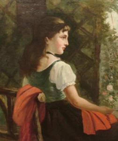 Portrait Of A Young Woman Seatedthree-quarter Length Turned To The Right On A Terrace - view 1