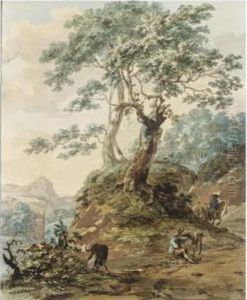 A Hilly Landscape With A Seated Traveller And Two Dogs, And Three Horsemen Approaching by Hermanus Numan