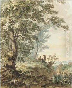 View From The Crest Of A Wooded Hill, With Three Seated Travellers And Houses Beyond by Hermanus Numan