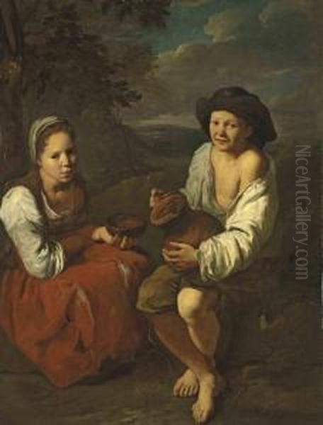 Two Young Peasants In A Landscape - view 1