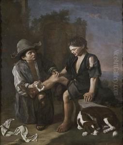 Dos Ninos Mendigos Y Un Perro En Un Paisaje by Pedro Nunez De Villavicencio
