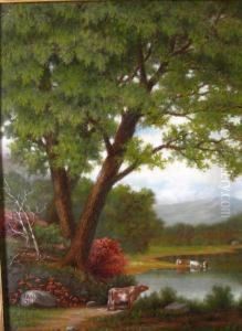 Landscape With Cows At A River by J W Nunns